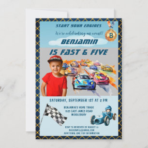 Your Photo Boy Auto Car Racing Theme 5th Birthday Invitation