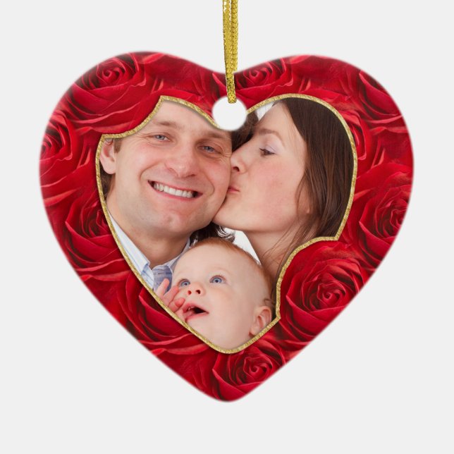 Your Photo: Christmas Red Rose Pattern Heart Frame Ceramic Ornament (Front)