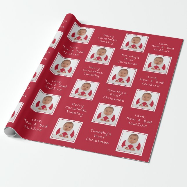 Your Photo Custom Name Christmas Wrapping Paper (Unrolled)