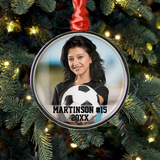 Your Photo Custom Soccer or Your Sport Round Metal Ornament (Customize with name, team number and year.)