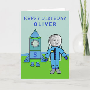 Your Photo Cute Astronaut Boy Rocket Birthday Card