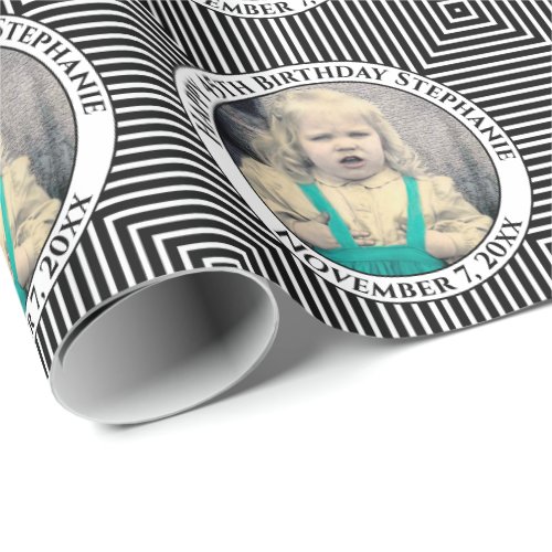 Your Photo  Diagonal BlackWhite Stripes Pattern Wrapping Paper