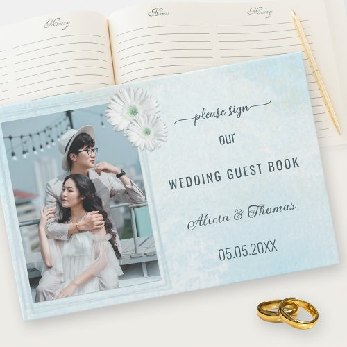 Your Photo Dusty Blue Floral Design Wedding Guest  Guest Book
