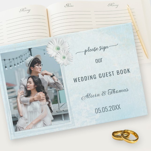 Your Photo Dusty Blue Floral Design Wedding Guest  Guest Book (Creator Uploaded)
