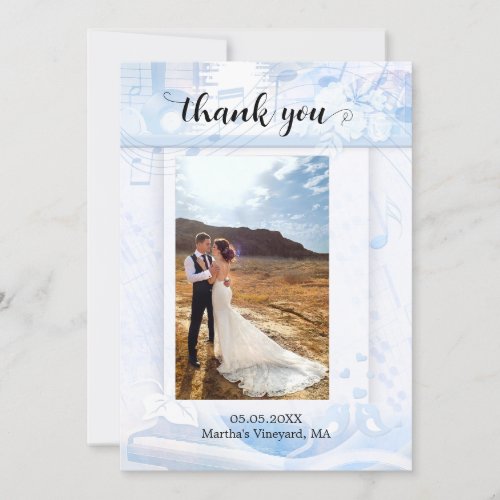 Your Photo Dusty Blue Music Wedding Thank You Card