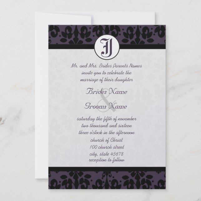 Your Photo Eggplant & Black Damask Wedding Invites (Front)