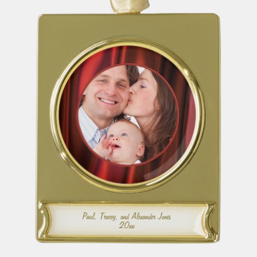 Your Photo Elegant Red Satin Look Picture Frame Gold Plated Banner Ornament