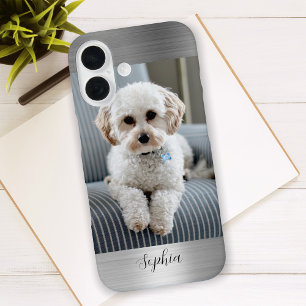 Your Photo, Faux Silver Metal & Script Name iPhone 16 Case