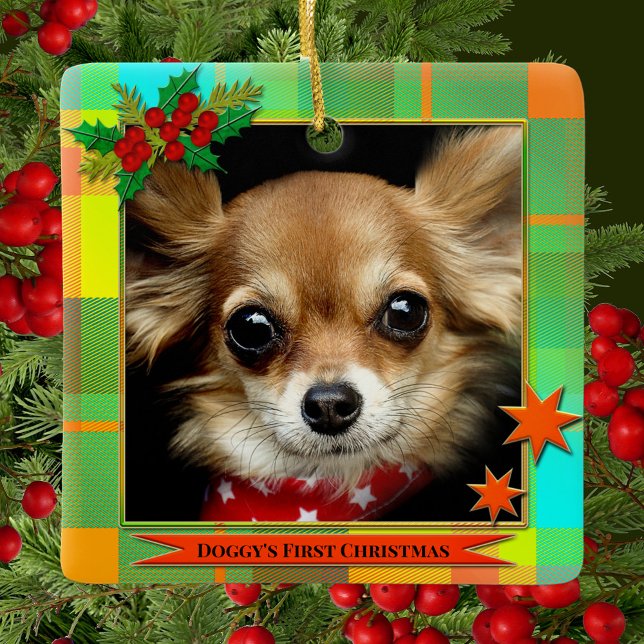 Your Photo First Christmas Plaid Ceramic Ornament (Colorful plaid Christmas ornament featuring a cute image of a chihuahua or your custom (pet) photo)