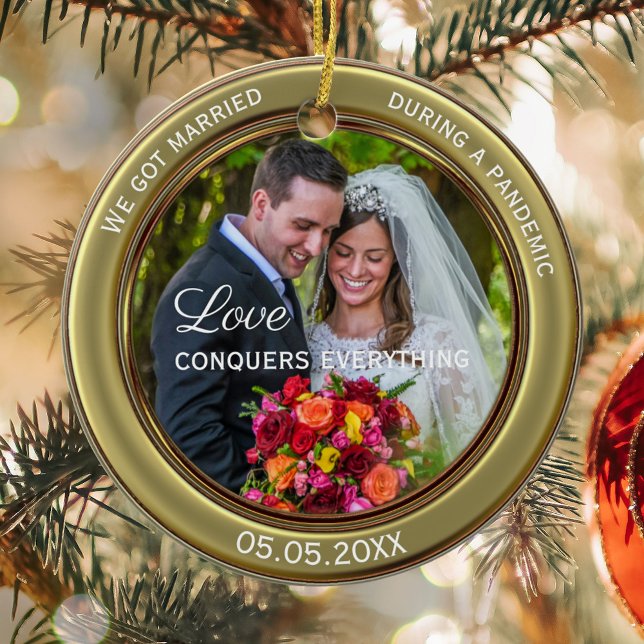 Your Photo First Christmas Together Ceramic Ornament (Christmas ornament featuring your own custom photo framed by a stylish vintage green gold design)