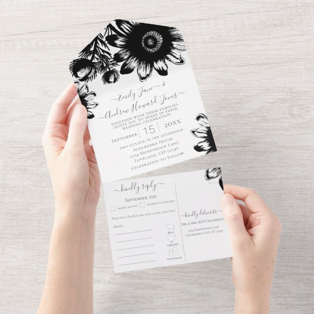 Your Photo Floral Black and White Sunflower All In One Invitation (Tearaway)