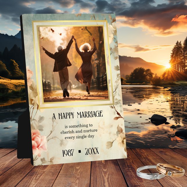 Your Photo Floral Gold Quote Anniversay Plaque (Photo plaque featuring a floral vintage design with gold lining and quote - anniversary keepsake)