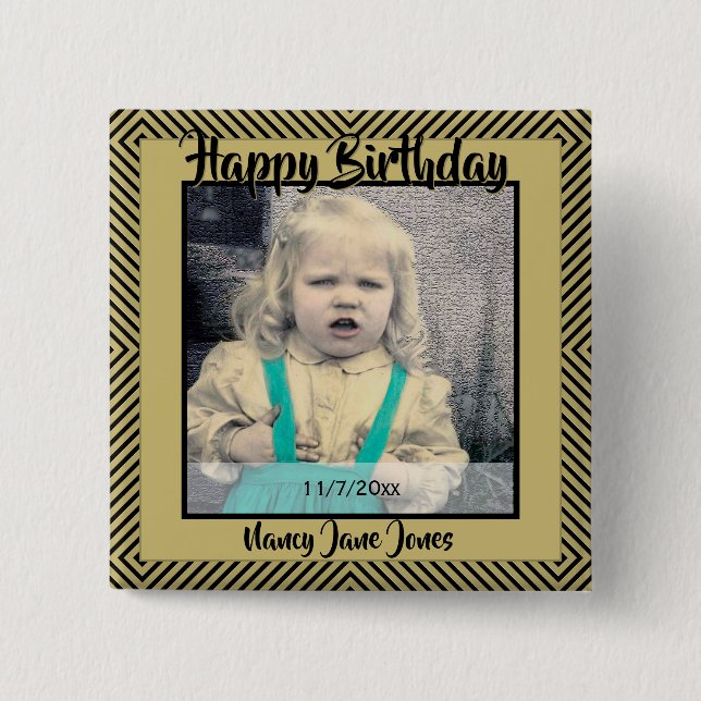 Your Photo: Geometric Diagonal Lines Black & Gold Button (Front)