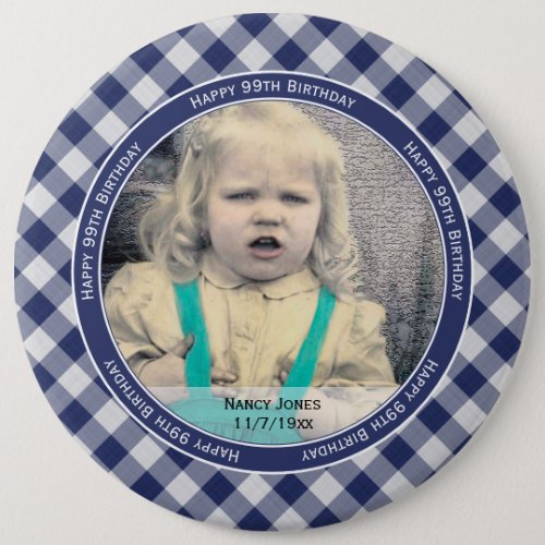 Your Photo  Gingham Checks Pattern Navy Blue Button