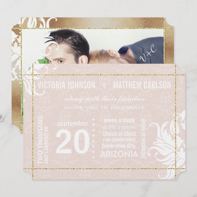 Your Photo Gold Blush Coral Pink Floral Wedding Invitation (Front/Back)