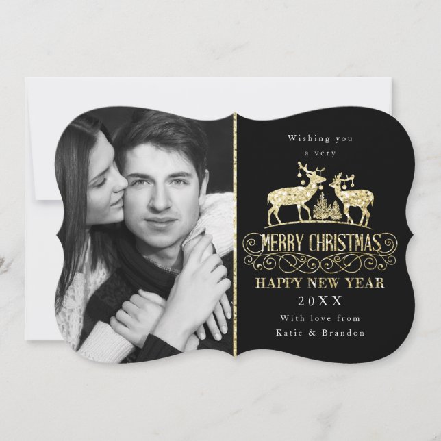 Your Photo | Gold Glitter Reindeer Stags Holiday Card (Front)
