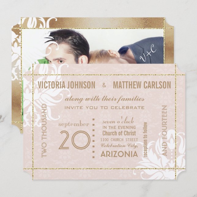 Your Photo Gold Rose Damask Floral Wedding Invitation (Front/Back)