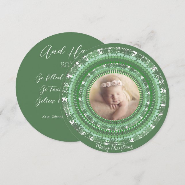 Your Photo Gray and Green Joy Merry Christmas Holiday Card (Front/Back)