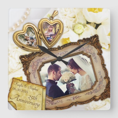 Your Photo Heart Locket Antique Frame Anniversary Square Wall Clock