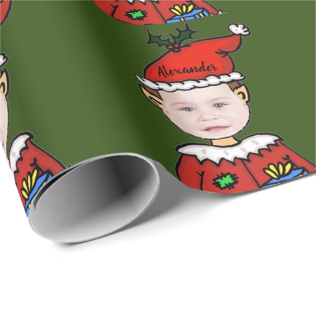 Your Photo Here Christmas Elf Personalized Wrapping Paper (Roll Corner)