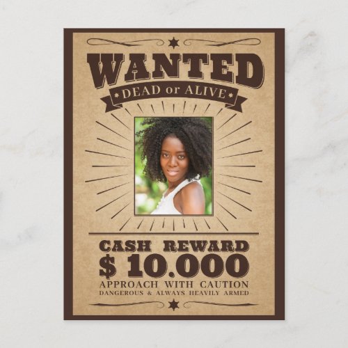 YOUR PHOTO in Wanted poster postcard