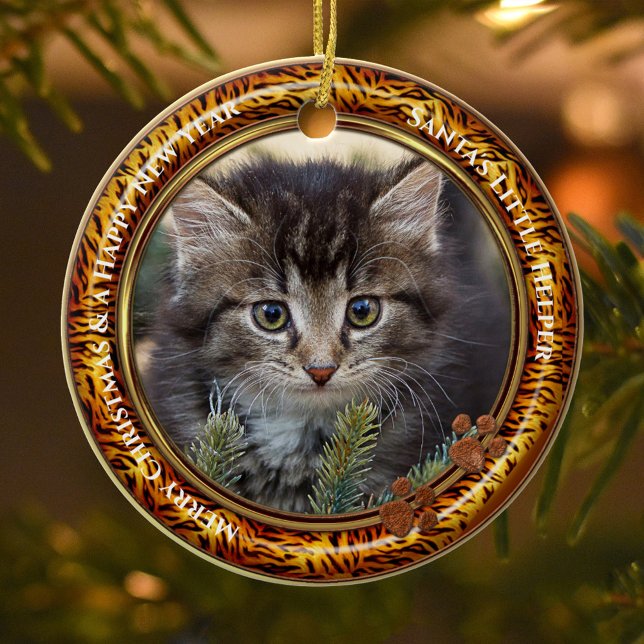 Your Photo Kitty Keepsake Christmas Ceramic Ornament (Christmas ornament featuring a photo of your own kitty (optional) framed by a tiger fur print border)
