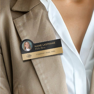 Your Photo Logo Sleek Faux Gold Black Stylish Name Tag