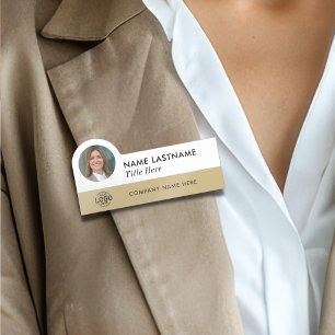 Your Photo Logo Title Faux Gold Beige Stylish Name Tag