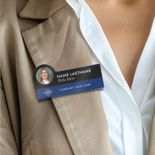 Your Photo Logo Title Navy Blue Black Stylish Name Tag