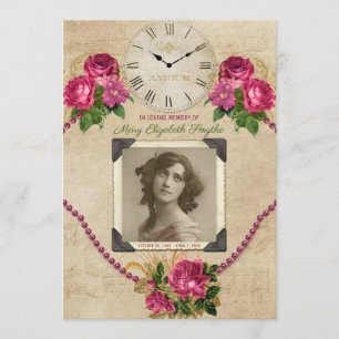 Your Photo Memorial Service Roses Pearls Clock Invitation