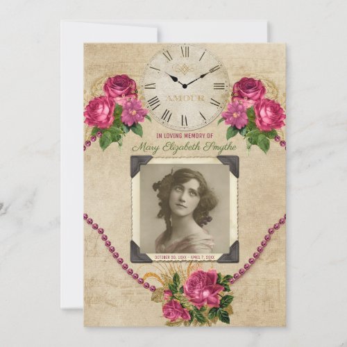 Your Photo Memorial Service Roses Pearls Clock Invitation