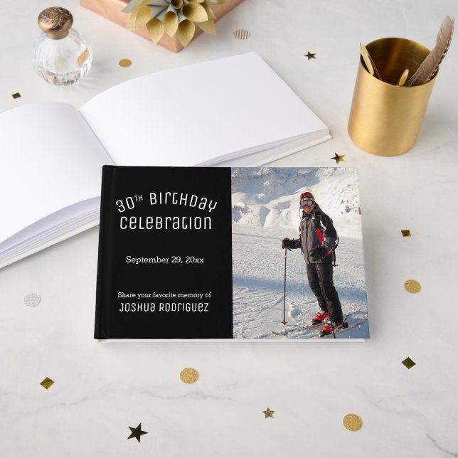 Your Photo Modern Black White 30th Birthday Party Guest Book (Front Open)