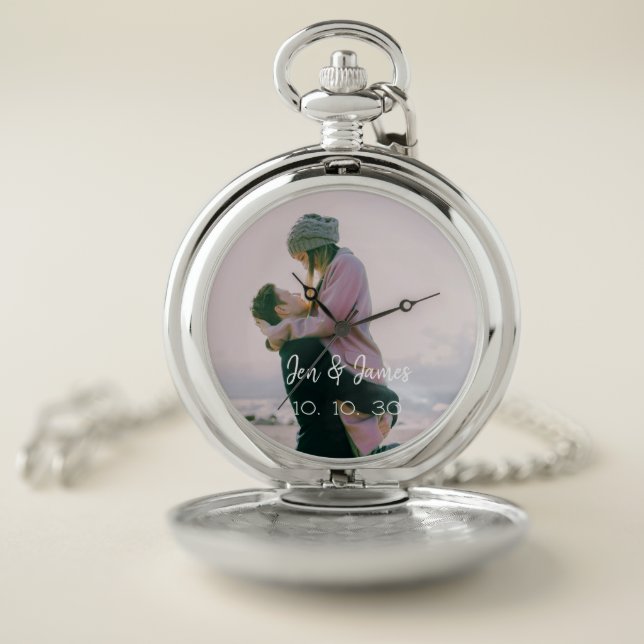 Your Photo Monogram Names Date Wedding Keepsake Pocket Watch (Inside)