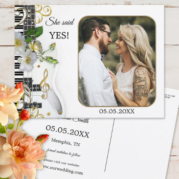 Your Photo Music Themed Save The Date Postcard by AnnesWeddingBoutique at Zazzle