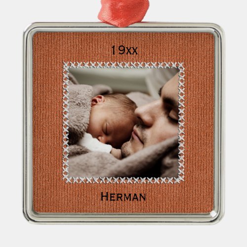 Your Photo Name and Date _ Orange Knit Pattern Metal Ornament