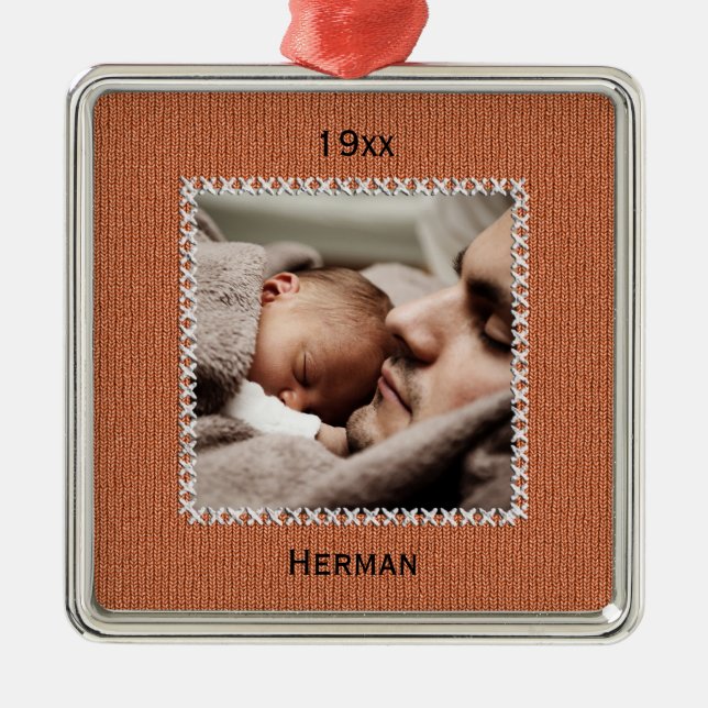 Your Photo Name and Date - Orange Knit Pattern Metal Ornament (Front)