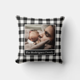 Your Photo Name Black White Gingham Pattern Border Throw Pillow