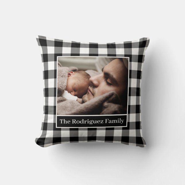 Your Photo Name Black White Gingham Pattern Border Throw Pillow (Front)
