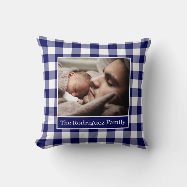 Your Photo Name Blue White Gingham Pattern Border Throw Pillow (Front)