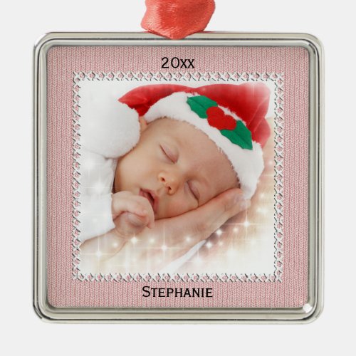 Your Photo Name  Date _ Pink Knit Pattern Metal Ornament