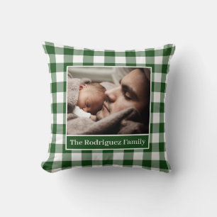 Your Photo Name Green White Gingham Pattern Border Throw Pillow