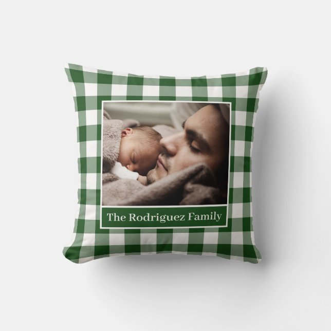 Your Photo Name Green White Gingham Pattern Border Throw Pillow (Front)