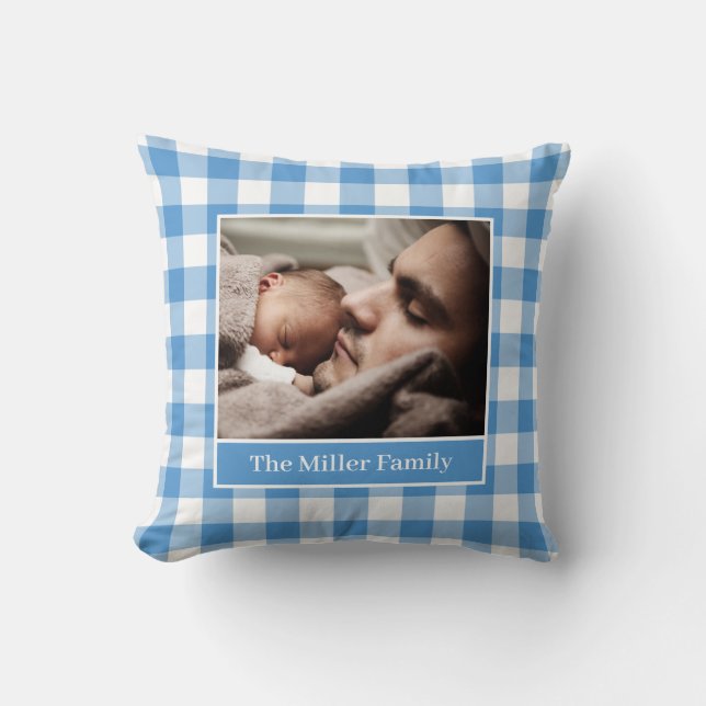 Your Photo Name Light Blue White Gingham Border Throw Pillow (Front)