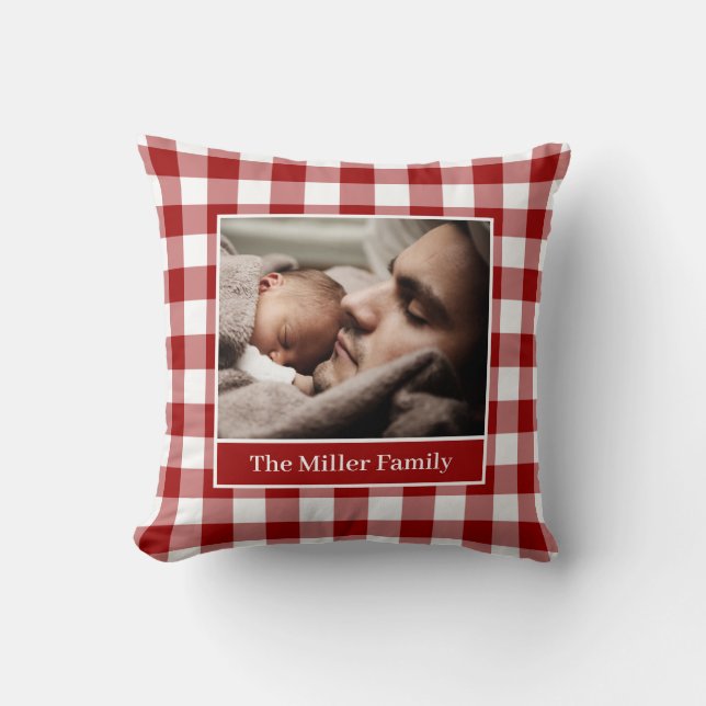 Your Photo Name Red White Gingham Pattern Border Throw Pillow (Front)