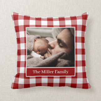 Your Photo Name Red White Gingham Pattern Border Throw Pillow