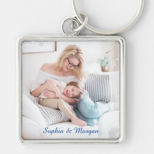 Your Photo  Names in Blue Script Keychain