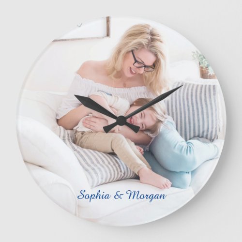 Your Photo  Names in Blue Script Large Clock