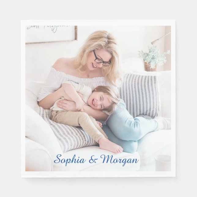 Your Photo & Name(s) in Blue Script Napkins (Front)