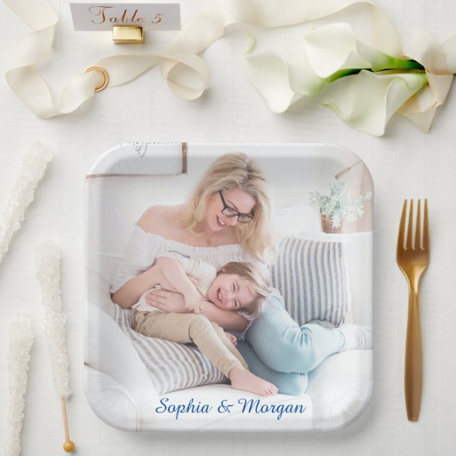 Your Photo & Name(s) in Blue Script Paper Plates (Wedding)