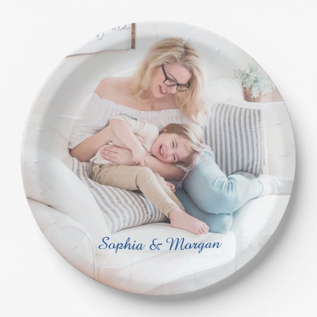 Your Photo & Name(s) in Blue Script Paper Plates (Front)
